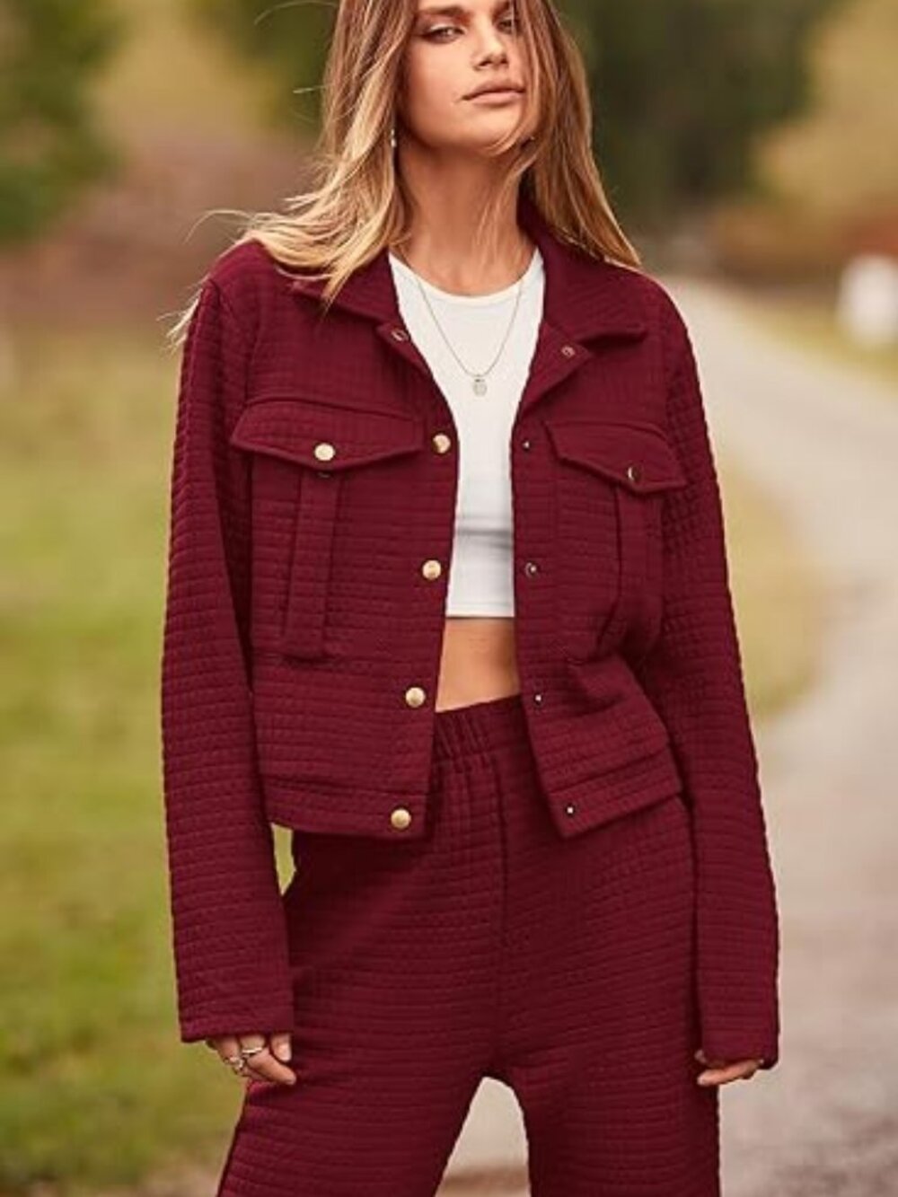 PRETTYGARDEN [Two Piece Set] Shacket Jacket with Sweatpants Tracksuit in Wine Re